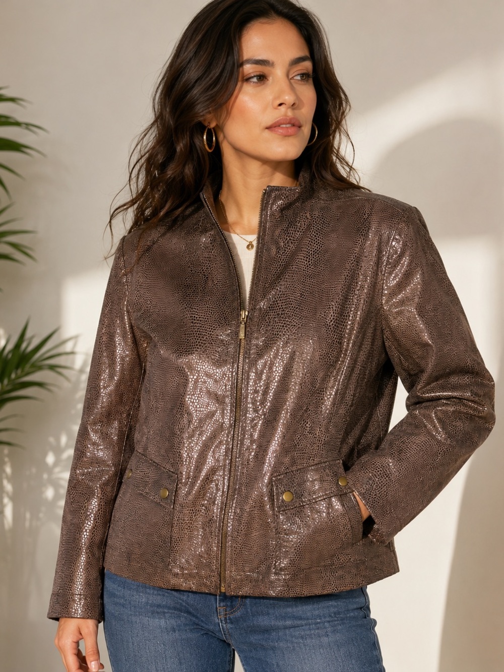 Alfani Women’s XL Brown Faux Snakeskin Leather Jacket